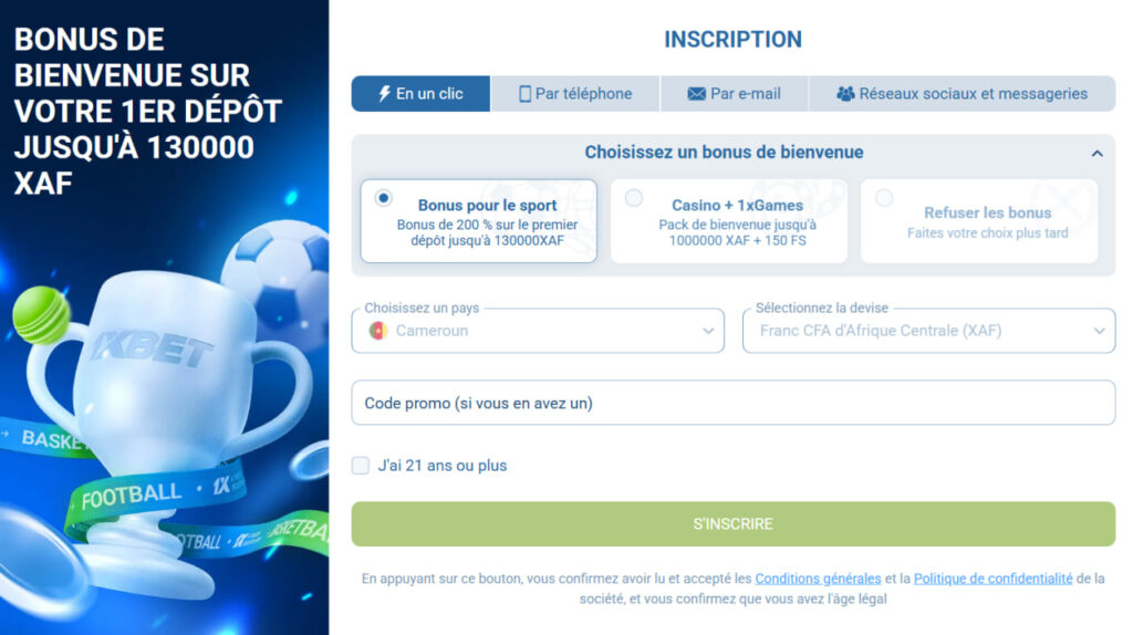 1xbet inscription cameroun