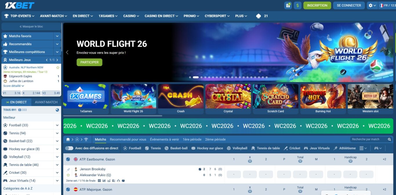 L'interface principale de 1xBet Cameroun