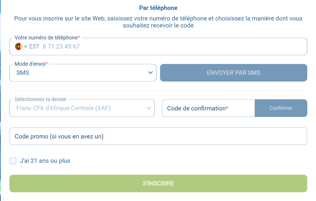 Inscription 1xBet Cameroun par téléphone